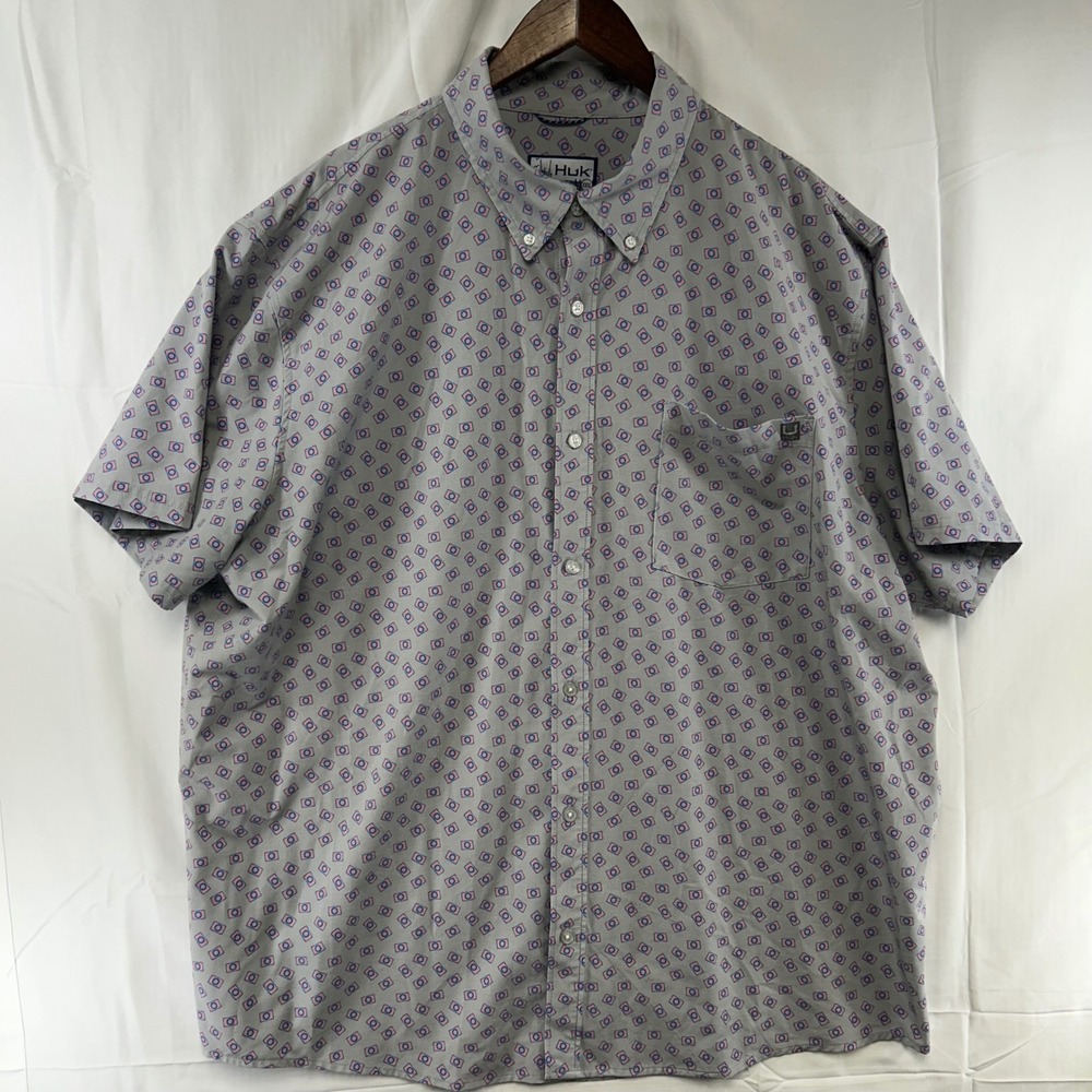 Huk Button Down Shirt Mens XXXL Grey Geometric Print Short Sleeve Stretch